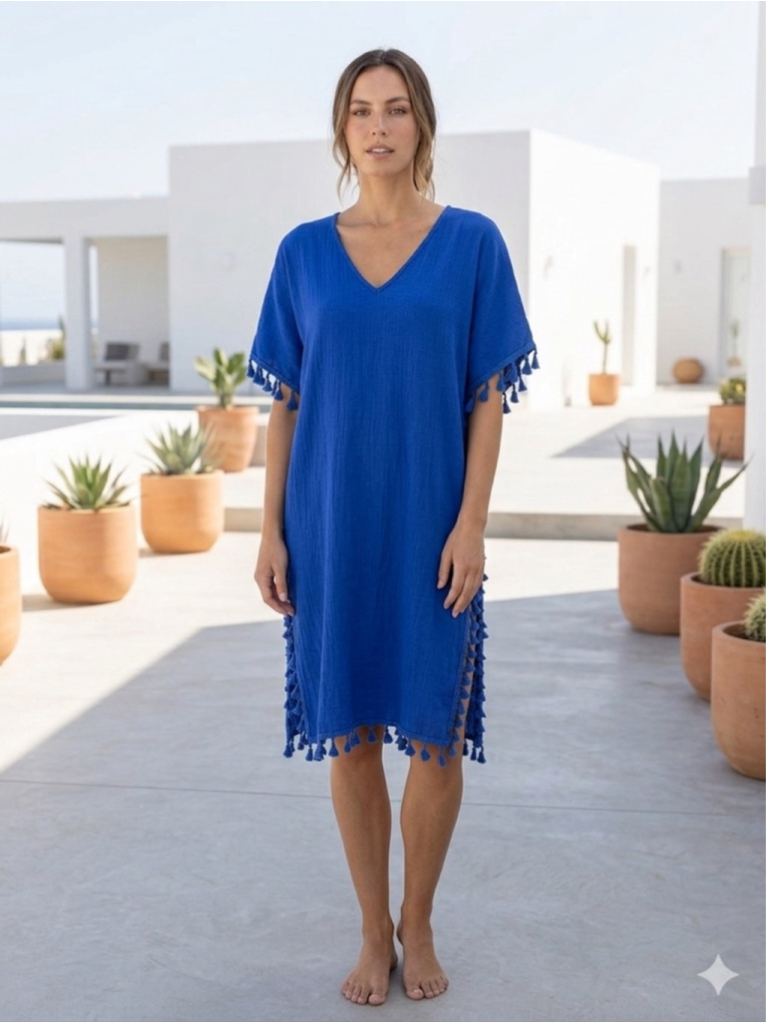 Chic Royal Blue Tassel Caftan Beach Cover-Up Dress Resort Xl Boho Summer V-Neck